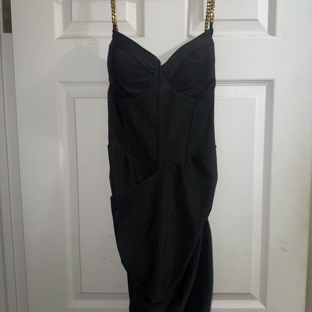 SHEIN Black Strapless Dress with Gold Chain Straps